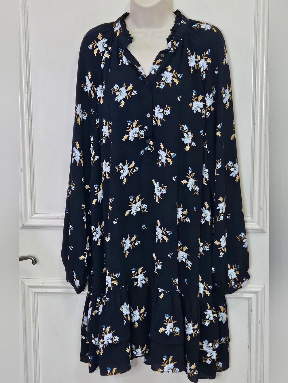 LOFT Navy Blue Multi-Color Floral Long Sleeve Midi Dress, X-Large